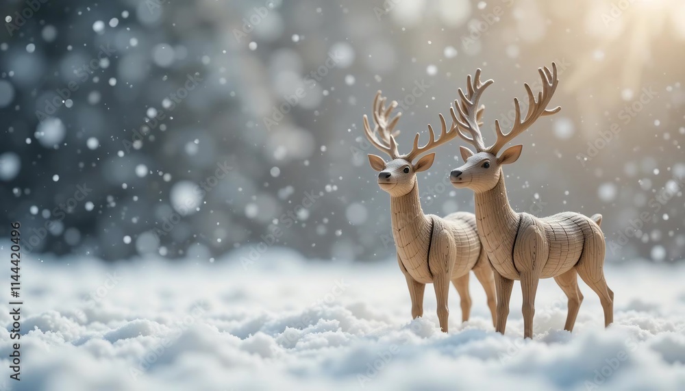 Wooden Reindeer in Snowy Winter Wonderland Scene Wooden Reindeer in Snowy Winter Wonderland Scene