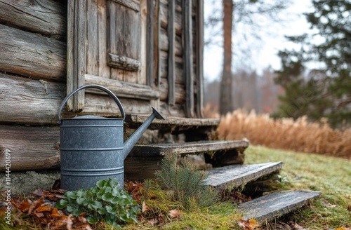 Watering can placed near a small snow-dusted pine tree by rustic wooden stair...