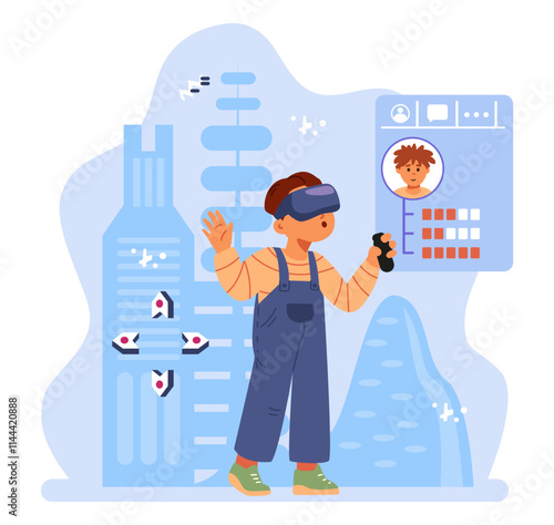 Excited boy standing wearing virtual reality headset holding controller inside of virtual world flat vector illustration.