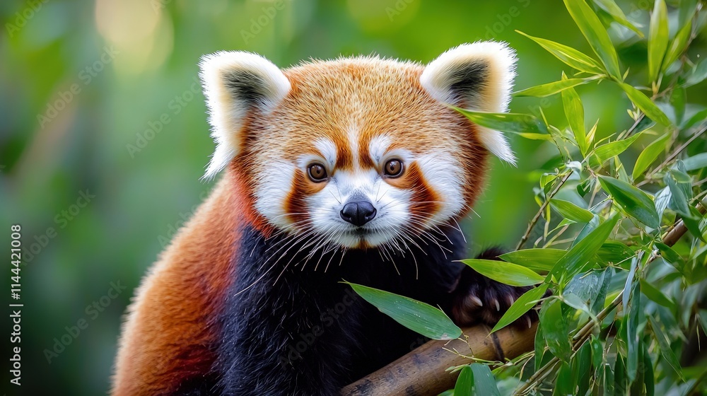 Naklejka premium Close-up of a red panda sitting on a bamboo branch.