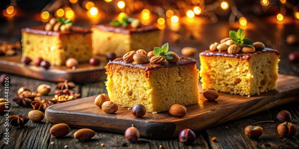 Night Photography: Homemade Nut Sponge Cake - Hazelnuts, Walnuts, Delicious Dessert Night Photography: Homemade Nut Sponge Cake - Hazelnuts, Walnuts, Delicious Dessert