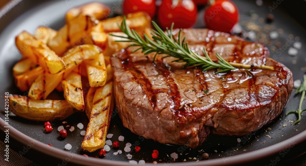 Steak Lunch. Delicious Grilled Meat with Fries on Plate, Tasty Dinner Meal Concept Steak Lunch. Delicious Grilled Meat with Fries on Plate, Tasty Dinner Meal Concept