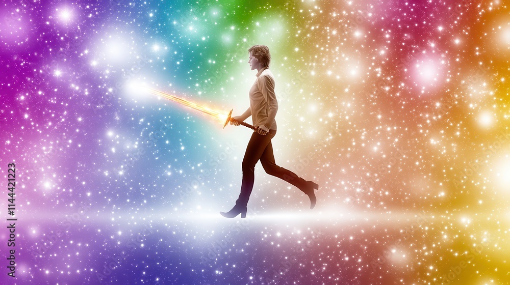 Fototapeta premium Person Walking with Sword in Colorful Fantasy Background