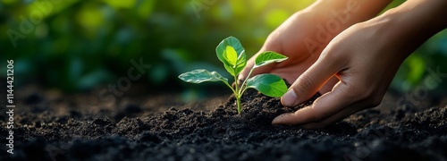 Hands nurturing young plants in a garden bed during golden hour showcases the...