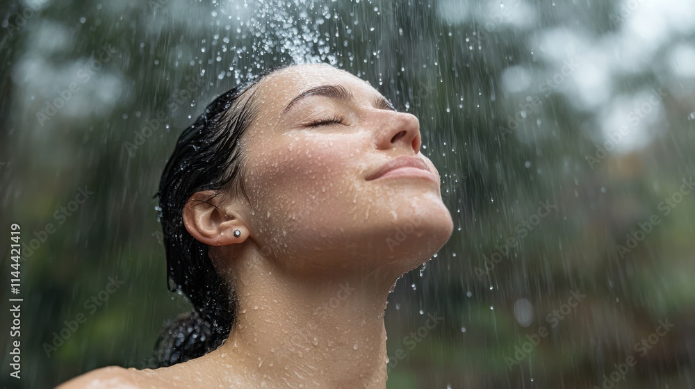 Fototapeta premium A serene woman tilts her face toward falling water, eyes closed, enjoying a rejuvenating shower in a lush natural setting.