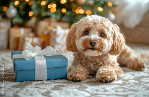 Sweet dog resting by wrapped gift in cozy living room decorated for holidays ...