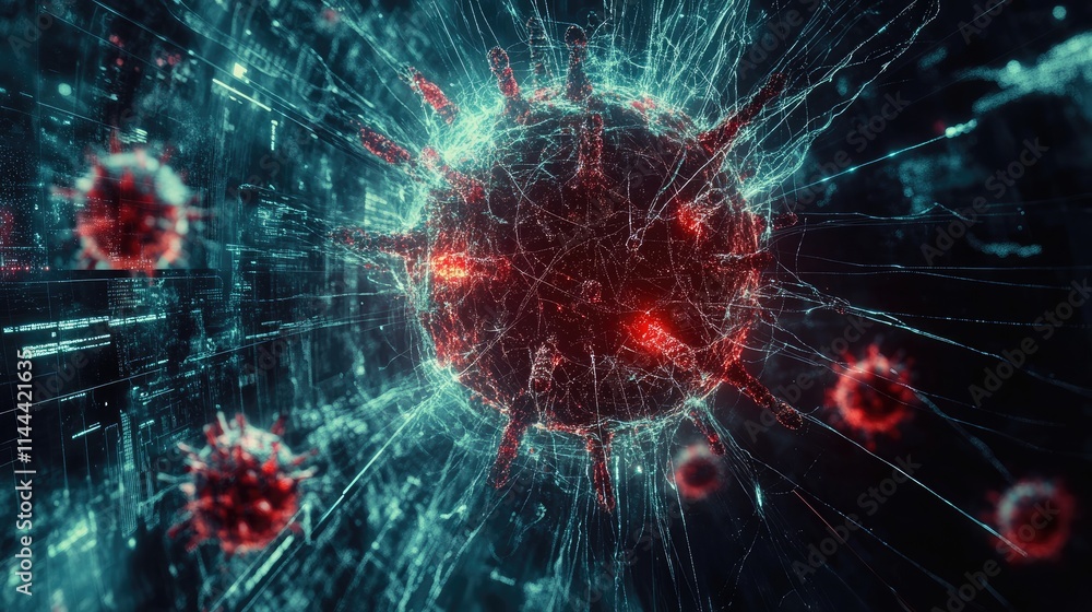 Obraz premium Dramatic visualization of a viral outbreak spreading over a digital map, viruses, pandemic concept