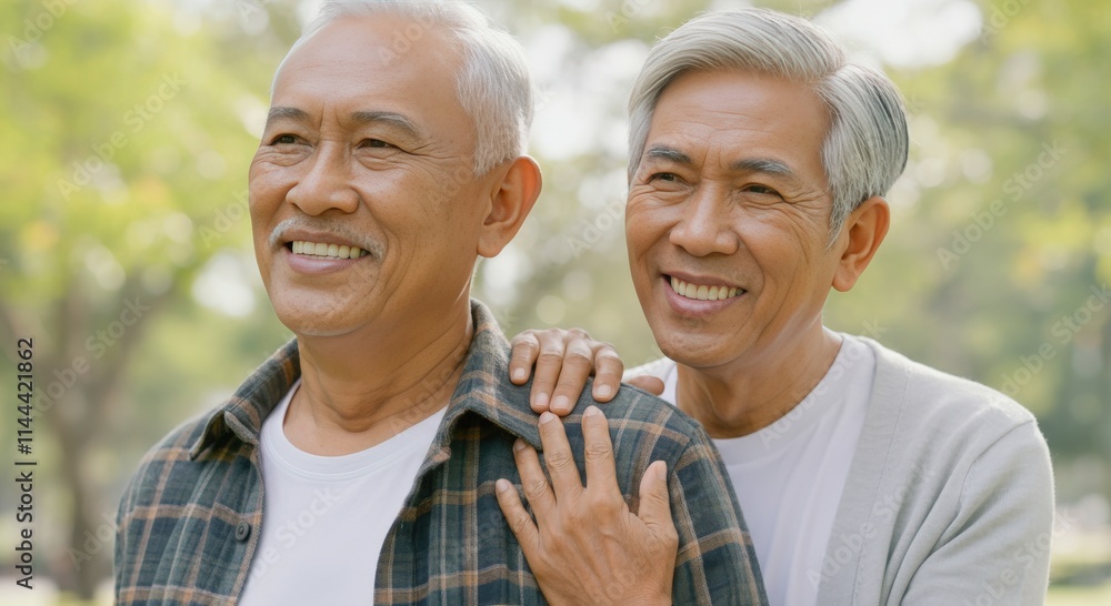 Fototapeta premium Elderly asian friendship outdoors in a park setting for happiness and companionship