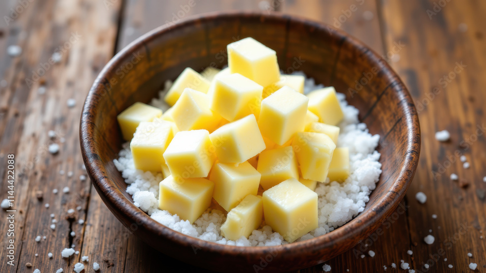 A wooden bowl filled with cubed beef tallow and white salt on a table. A wooden bowl filled with cubed beef tallow and white salt on a table.