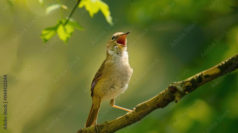 Fototapeta premium Singing nightingale against green background
