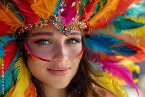 Generative AI Portrait of a Smiling Woman in Colorful Carnival Costume Celebrating at a Vibrant Festival photo