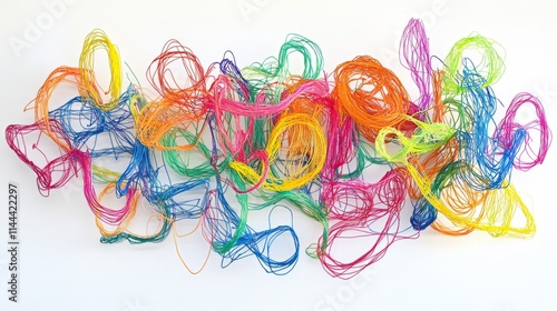 A modern abstract design made with colorful intertwined wires against a white background, showcasing creativity, movement, and artistic energy.. AI Generation