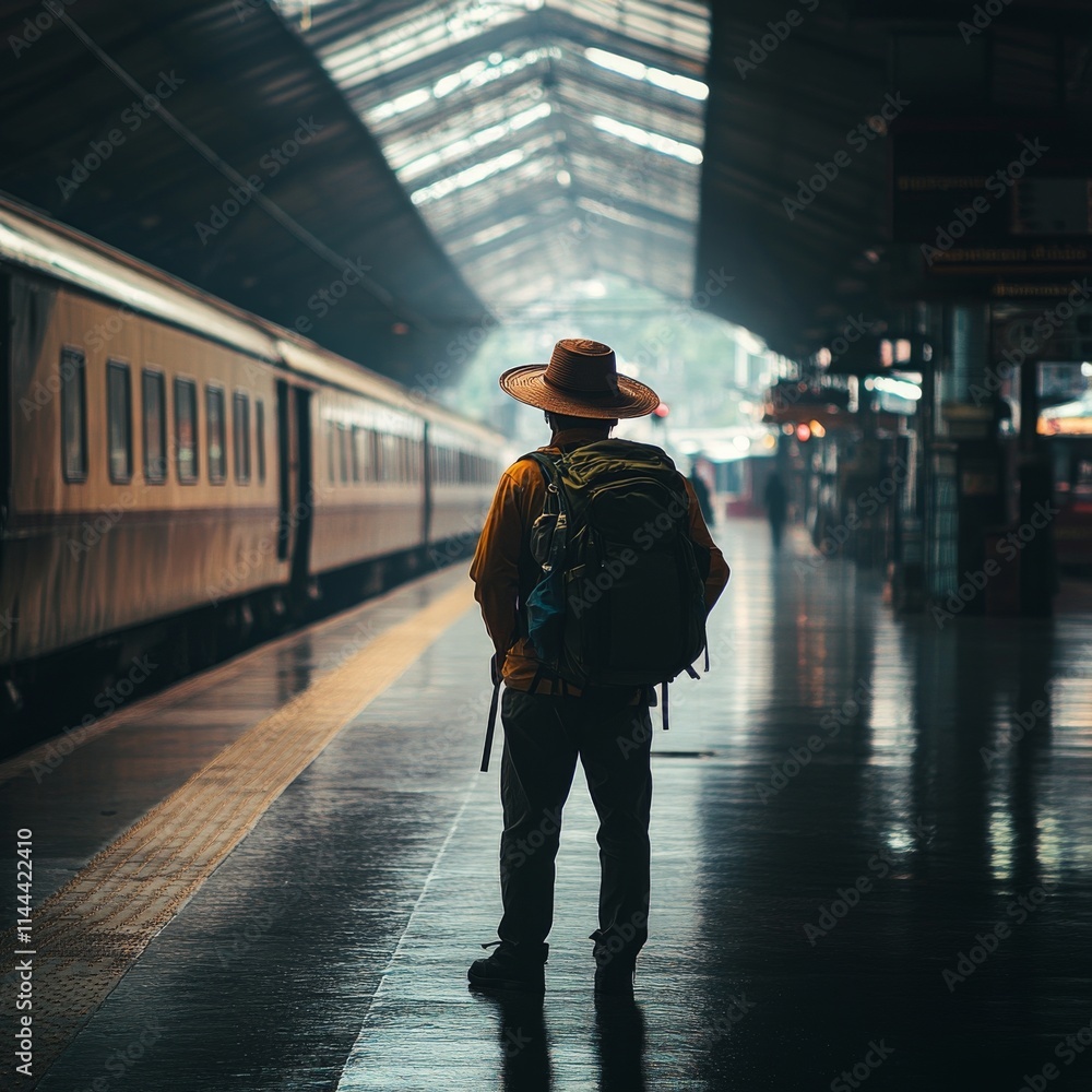 Traveler waits at a train station with a backpack and hat while reflecting on the journey ahead in a bustling Traveler waits at a train station with a backpack and hat while reflecting on the journey ahead in a bustling
