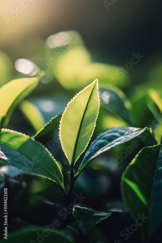 Fresh green leaves glistening in the warm sunlight during a serene morning in...