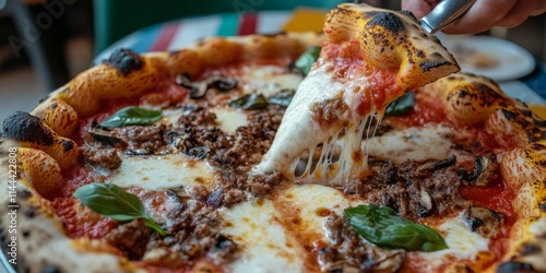 Freshly baked pizza being sliced with a pizza cutter, topped with savory meat...