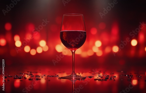 Red wine gleams in a dimly lit bar with vibrant lights during a lively evenin...