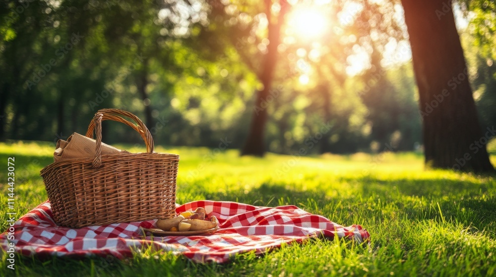 Picnic basket with fresh bread and lemons on a checkered blanket in a sunlit park during a warm afternoon Picnic basket with fresh bread and lemons on a checkered blanket in a sunlit park during a warm afternoon