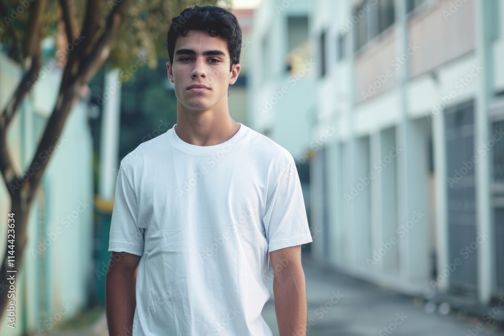 Hispanic young man wearing a White casual t shirt mock up template for a t shirt design print. Hispanic young man wearing a White casual t shirt mock up template for a t shirt design print.