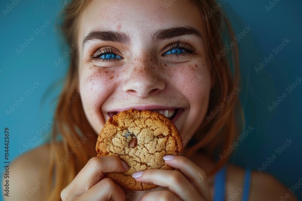 Woman Eating A Cookie. Happy Girl Enjoying a Dietetic Biscuit Woman Eating A Cookie. Happy Girl Enjoying a Dietetic Biscuit