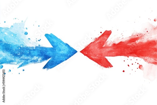 A red and blue arrow colliding on a white background, symbolizing ideological or political conflict photo