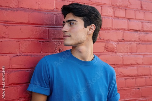 Hispanic man in blue t shirt mockup for design.