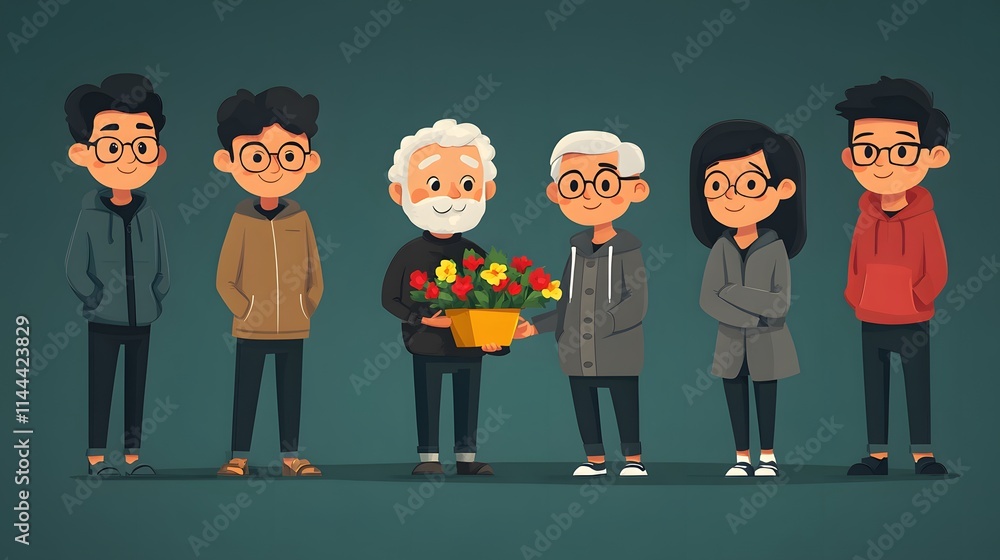 Naklejka premium Flat vector of a group of friends helping an elderly person carry groceries, showing kindness and care