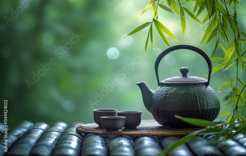 Relaxing tea ceremony with traditional teapot and cups on a bamboo table in a...