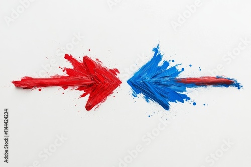 A red and blue arrow colliding on a white background, symbolizing ideological or political conflict photo