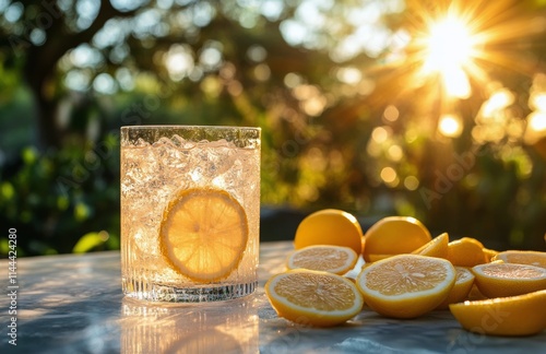 Refreshing summer lemonade with lemon slices and mint leaves presented on a w...