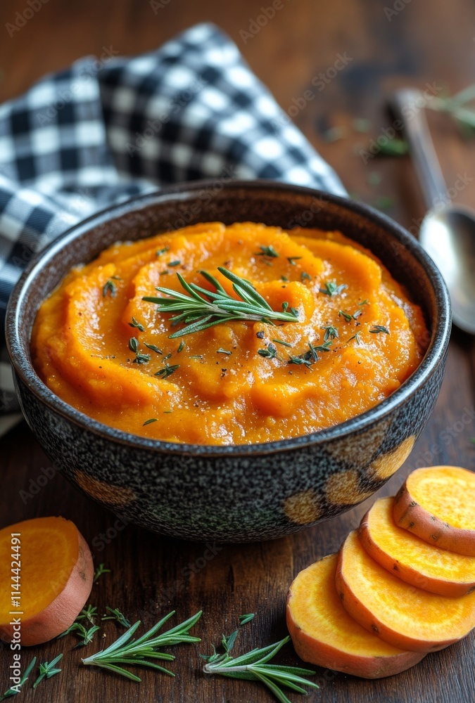 Creamy sweet potato mash with rosemary and black pepper served in a textured bowl on a rustic wooden table Creamy sweet potato mash with rosemary and black pepper served in a textured bowl on a rustic wooden table