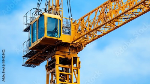 Yellow construction crane jib and operator cabin over blue sky photo