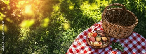 Picnic basket on a red and white checkered blanket under the sun in a serene ...
