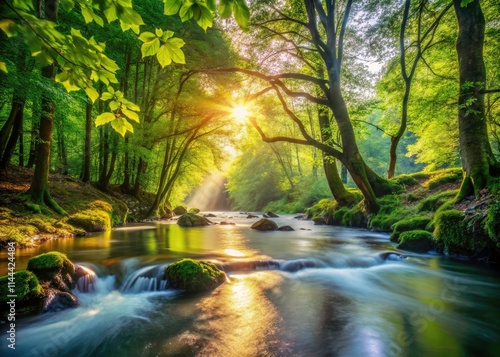 Serene River Forest Scene: High Depth of Field Photography, Lush Foliage, Tranquil Water, Deep Woods, Nature Photography, River Landscape