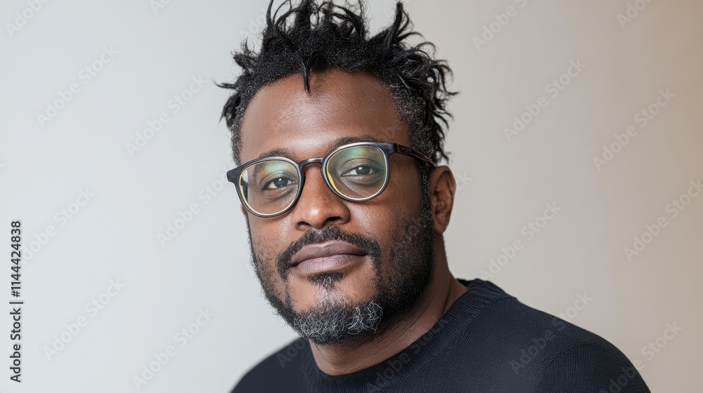 Fototapeta premium Joyful portrait capturing a smiling individual, exuding confidence and positivity against a soft neutral background.