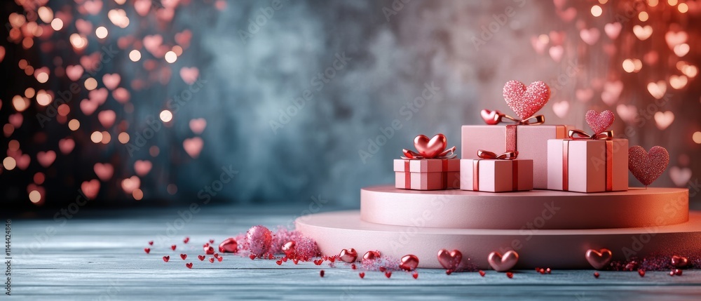 Romantic Valentine Day Podium with Gift Boxes for Product Presentation and Heart Decorations in Warm Light Romantic Valentine Day Podium with Gift Boxes for Product Presentation and Heart Decorations in Warm Light