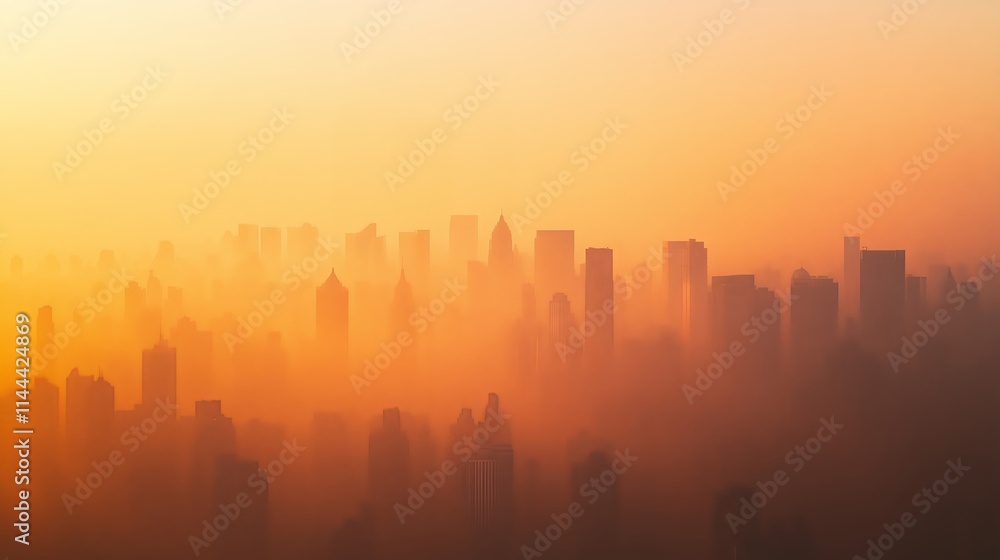City skyline disappearing into orange fog at sunrise City skyline disappearing into orange fog at sunrise
