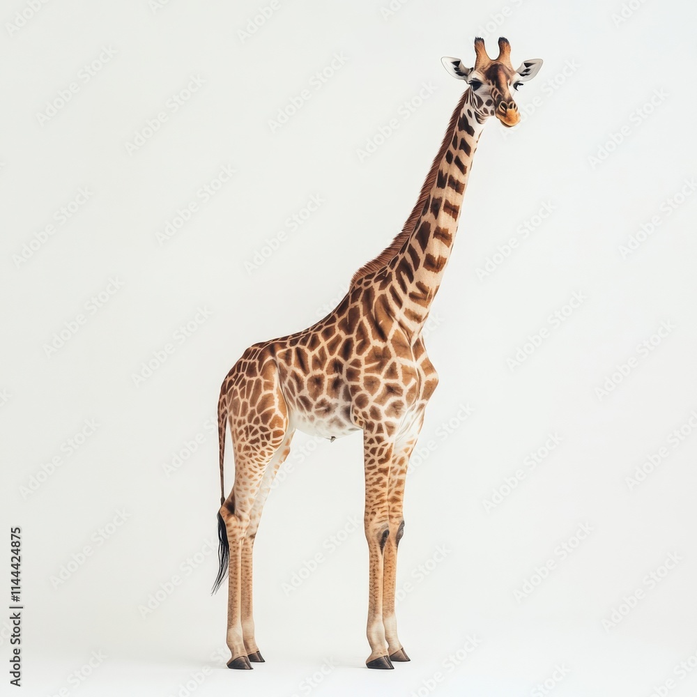 Naklejka premium A tall giraffe standing against a plain white background