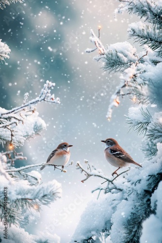 Two birds perched on snow-covered branches during a winter snowfall amidst a ...