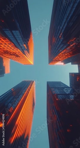 Captivating view of towering skyscrapers with vibrant reflections against a c...
