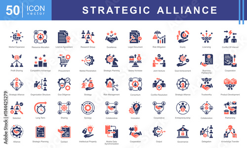 trategic alliance icon collection set. Containing partnership, collaboration, joint venture, cooperative agreement, synergy, shared objective, mutual benefit icon.