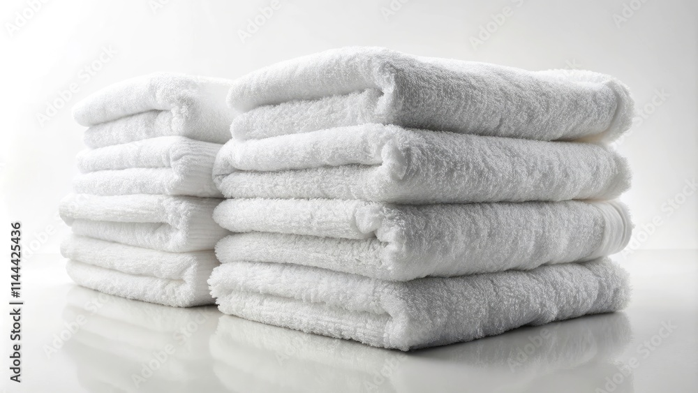 Stacked Fluffy White Towels, Clean Bath Towels, Luxury Soft Towels, White Background, 45-Degree Angle, Hotel Spa Towels, Soft Cotton Towels Stacked Fluffy White Towels, Clean Bath Towels, Luxury Soft Towels, White Background, 45-Degree Angle, Hotel Spa Towels, Soft Cotton Towels
