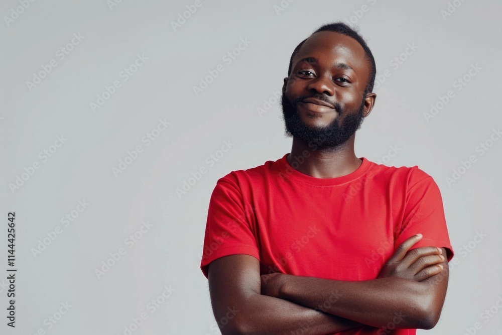 Confident young African American man in red shirt smiling confidently. Confident young African American man in red shirt smiling confidently.