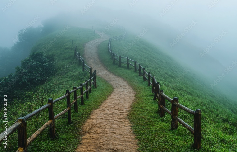 Scenic pathway winding through lush green hills under a misty sky at dawn with gentle fog enveloping the Scenic pathway winding through lush green hills under a misty sky at dawn with gentle fog enveloping the