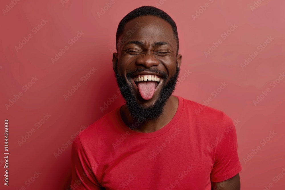 Happy young African American man in red shirt sticking tongue out. Happy young African American man in red shirt sticking tongue out.