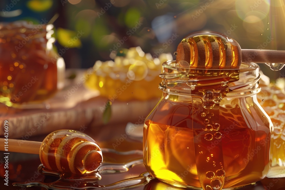 Fresh honey with bees, droplets of honey on a wooden table and blurred nature background. Fresh honey with bees, droplets of honey on a wooden table and blurred nature background.