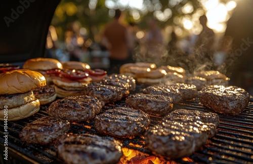 Barbecue gathering at sunset with grilled burgers and sizzling meat in a vibr...