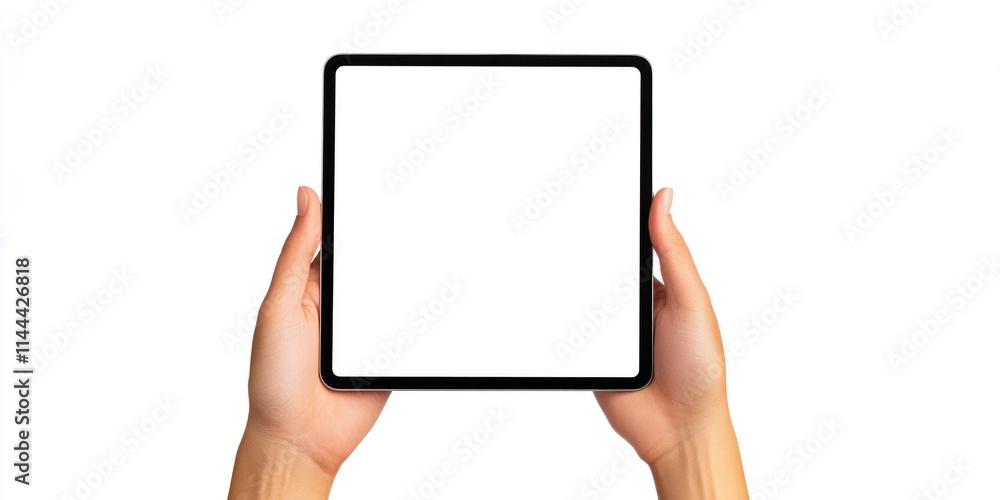 Close up hands holding white tablet with blank screen. Technology, communication and media device. Close up hands holding white tablet with blank screen. Technology, communication and media device.