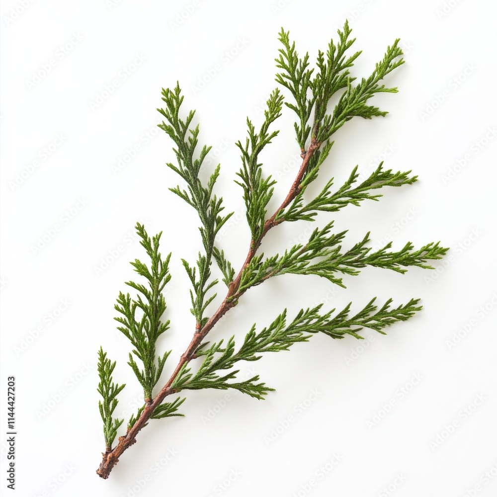 a branch of evergreen foliage on a white background a branch of evergreen foliage on a white background