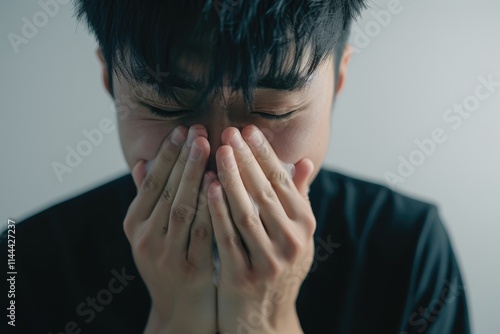 Young Asian man disgusted by body odor. Smell concept. photo