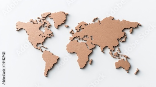 Fototapeta Naklejka Na Ścianę i Meble -  A textured world map made of cork, showcasing continents in a minimalist style against a light background.